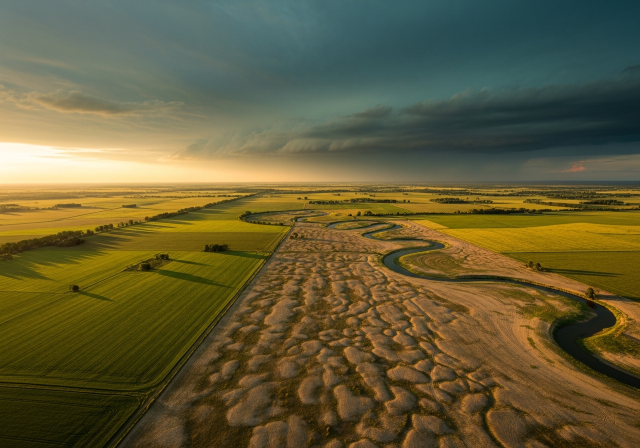 Aerial view of climate-vulnerable farmland with storm clouds approaching